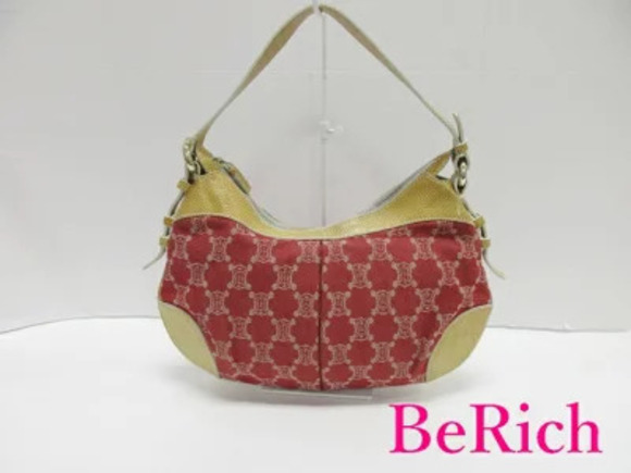 Celine Handbags - Celine Paris Macadam Shoulder Bag Red Brown Canvas Leather Blazon